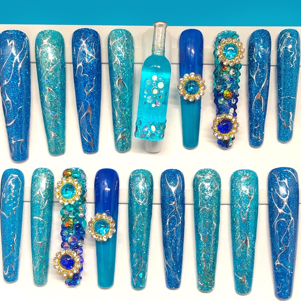Handmade Press On Nails 2X Long Coffin Custom Hypnotic Blue Nails Full S… - Picture 9 of 10